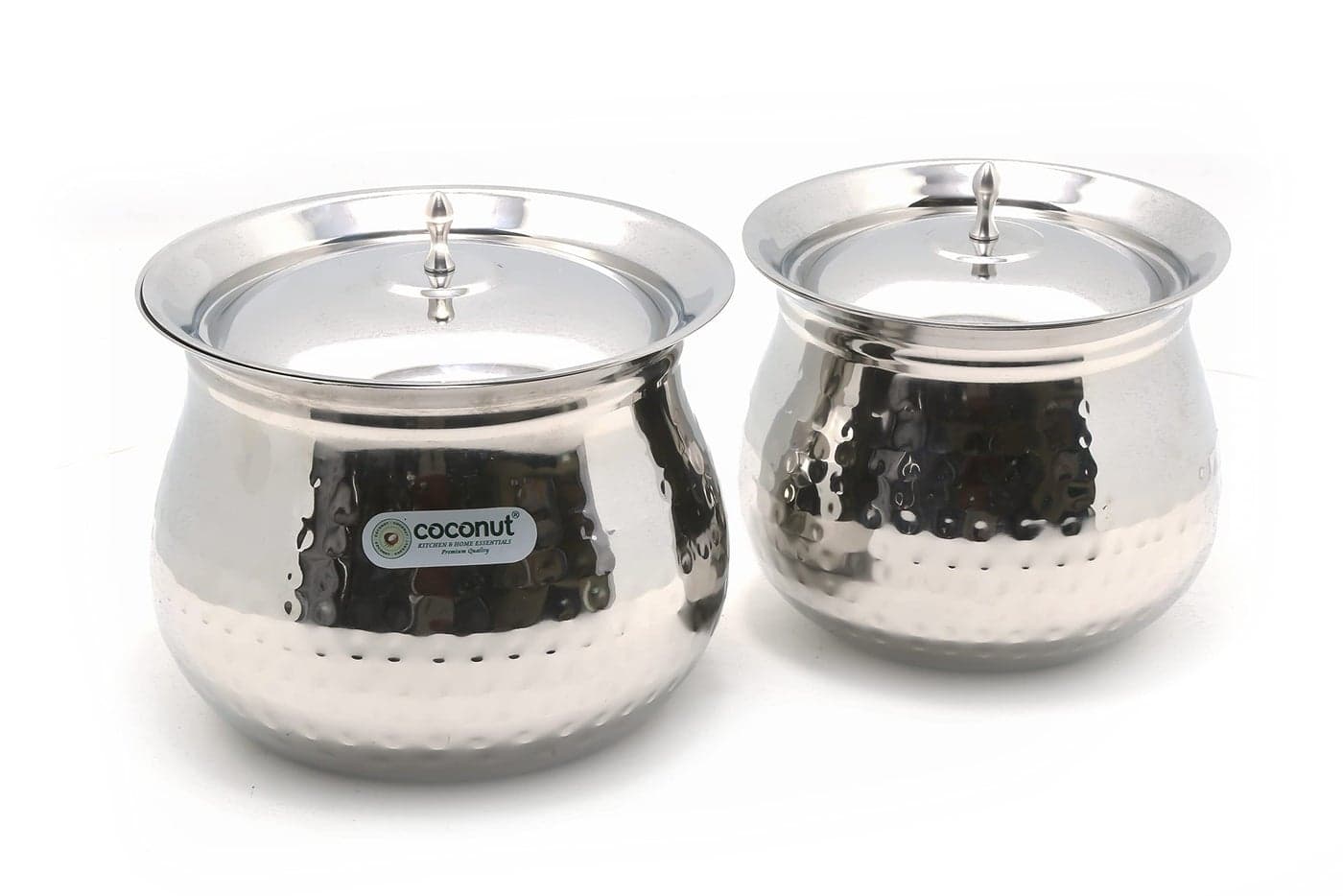Coconut Gaze Hammered Stainless Steel Cookware Handi with Lids - 2 Units (Capacity - 850 & 1400 ML)