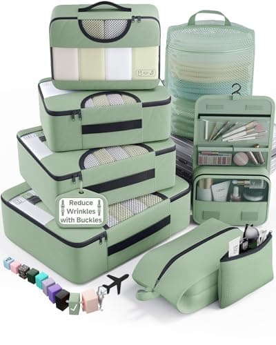 Veken 8 Set Packing Cubes for Travel EssentialsAntiWrinkle Buckled Suitcase Organizer for Shoe Toiletry BagCarry On Luggage Bag for Airplane College Dorm Room AccessoriesWomen Men Gifts