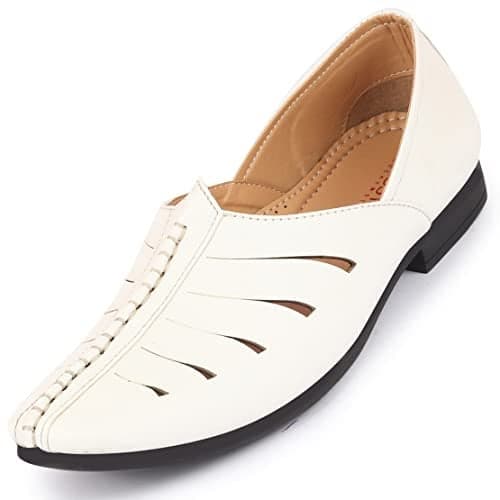 FAUSTO FST FOSME-2050 WHITE-44 Men's White Ethnic Wedding Party Laser Cut Slip On Juttis and Mojaris (10 UK)