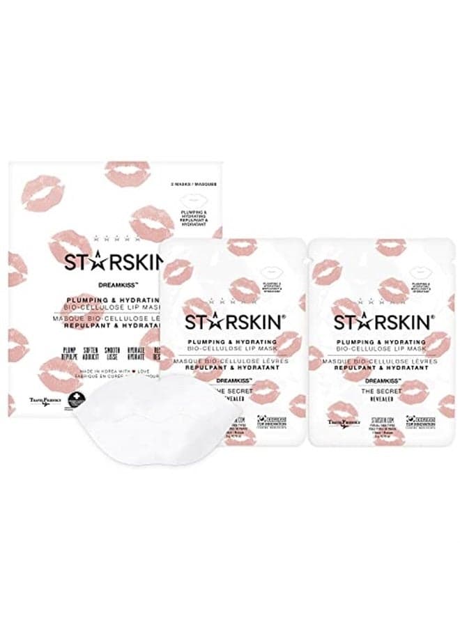 Dreamkiss - Plumping and Hydrating Second Skin Bio-Cellulose Lip Mask - Soaked in Serum containing Sea Fern, Collagen, and Hyaluronic Acid - to Diminish Wrinkles - 2 Masks