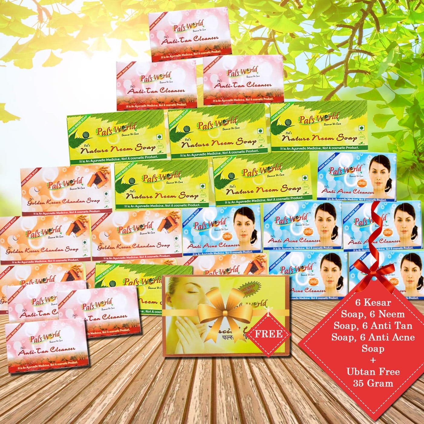 Pals World 6 Anti Tan Soap 6 Neem Soap 6 Kesar Soap 6 Anti Acne Soap Ulimate Skin Care Combo Get 1 Facial Ubtan Free 35 Grams