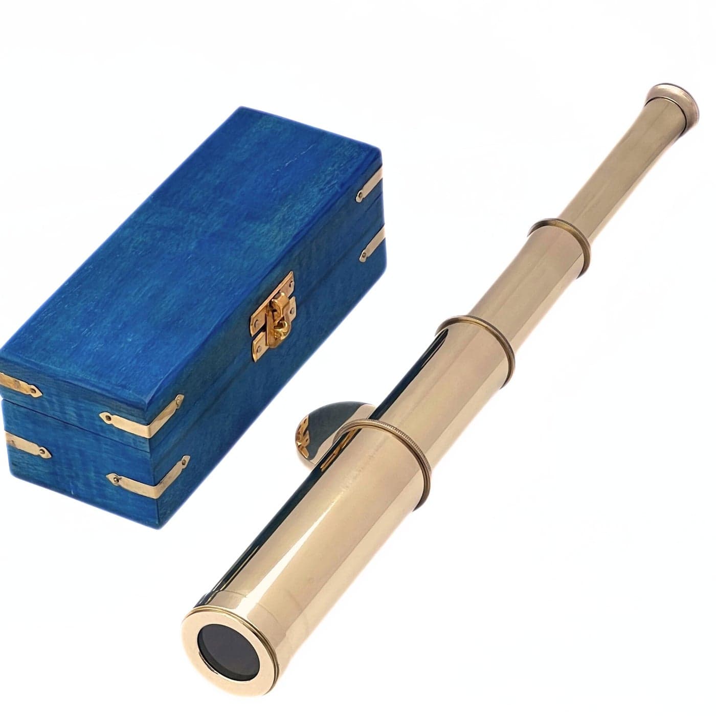 Solid Brass Pirate Spyglass Telescope Antique Handheld Sailor Scope with Blue Wooden Box Nautical Maritime Decor for Home Desk Gifting