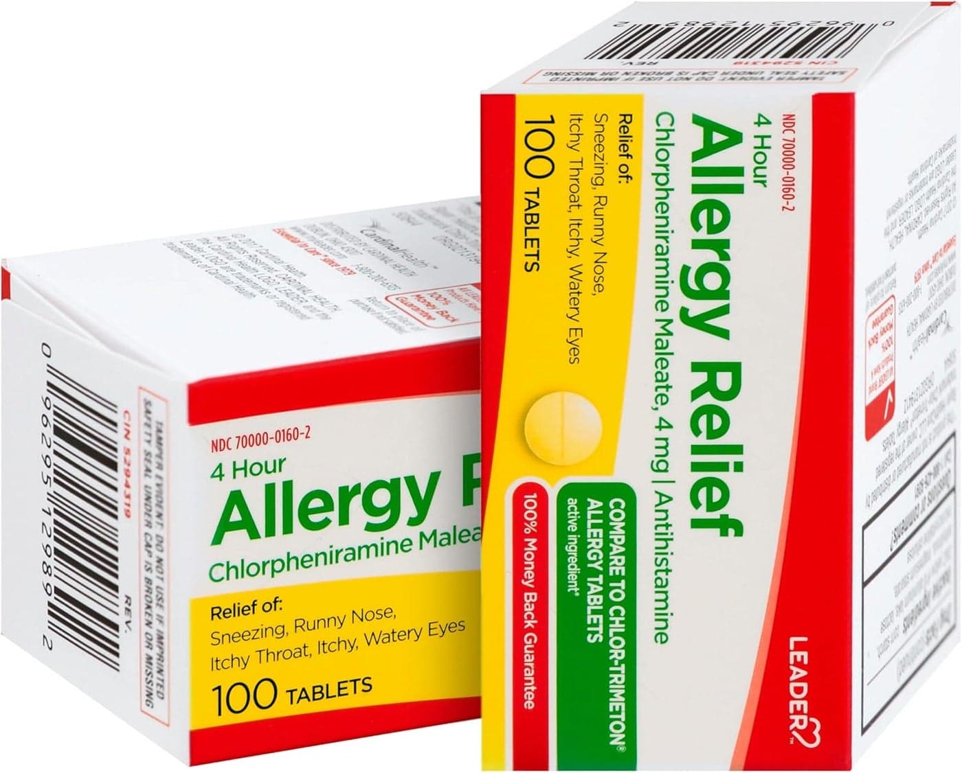 Leader 4 Hour Allergy Relief Chlorpheniramine Maleate Tablets Antihistamine 4 mg 100 Count Pack of 2