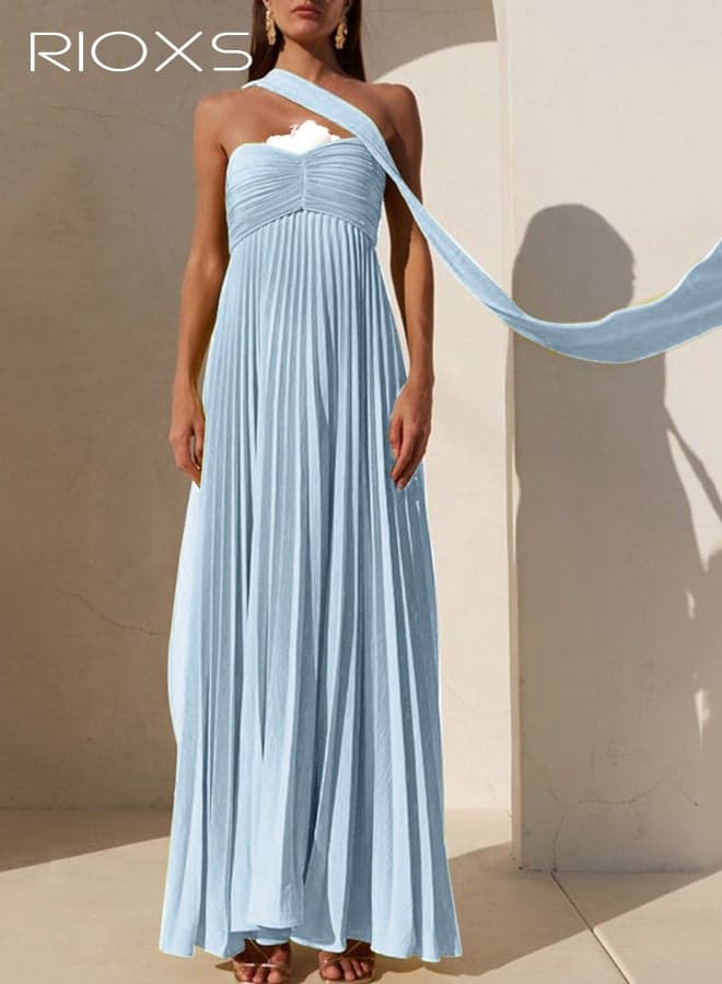 Women's Maxi Dress, Off Shoulder Ruched Ruffles Dresses, Pleated Long Dress for Women, Backless Strapless Evening Dress, Ladies Elegant Dresses, Flowy Lady's Dress for Party Clubwear, Wedding Guest Dress, Semi-Formal Dresses, Lake Blue Party Dress
