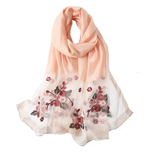 WINCESS YU Women Mulberry Silk Scarf Lightweight Embroidered Floral Shawl Wraps Beach Gauze Blanket Shawl for All Season