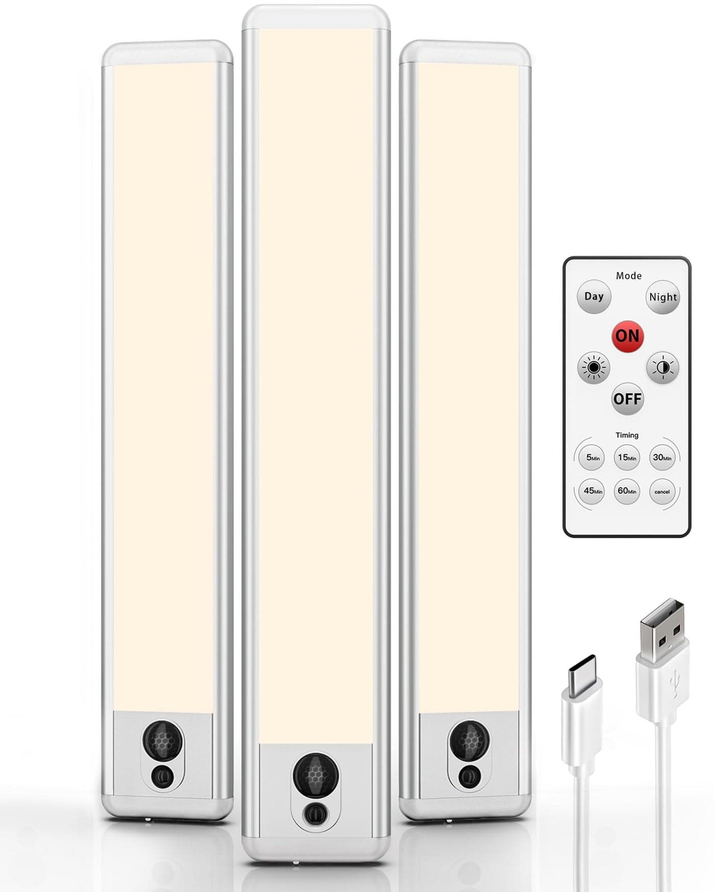 EZVALO Under Cabinet Lights, LED Closet Lights Wireless USB Charging, Motion Sensor Lighting Indoor 3500K Dimmable with Remote Control (Warm) 3 Pack