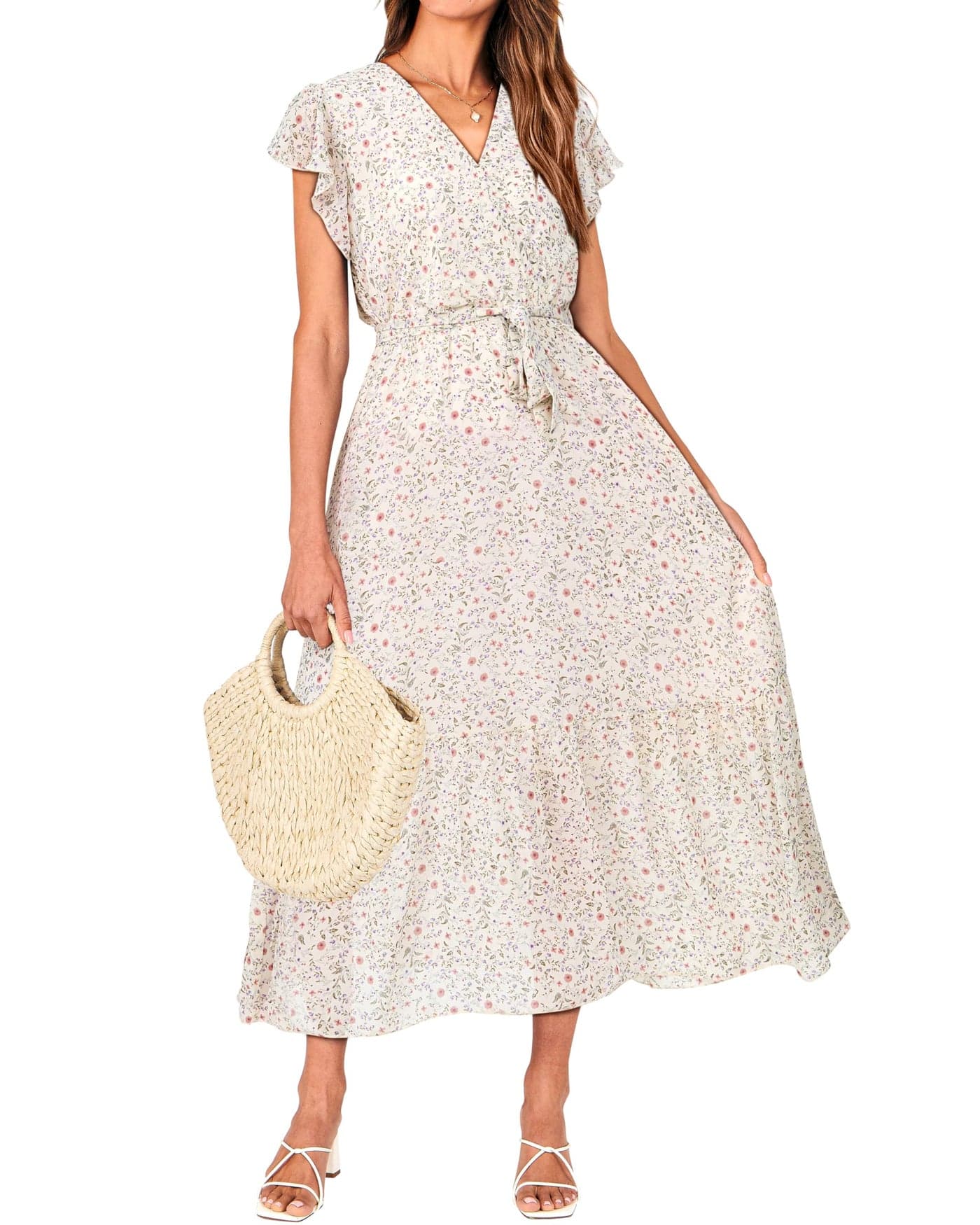 BTFBM Women Summer Bohemian Floral Casual Wrap V Neck Ruffle Cap Sleeveless Belt A-Line Pleated Hem Swing Midi Sun Dress (Floral Apricot, XX-Large)