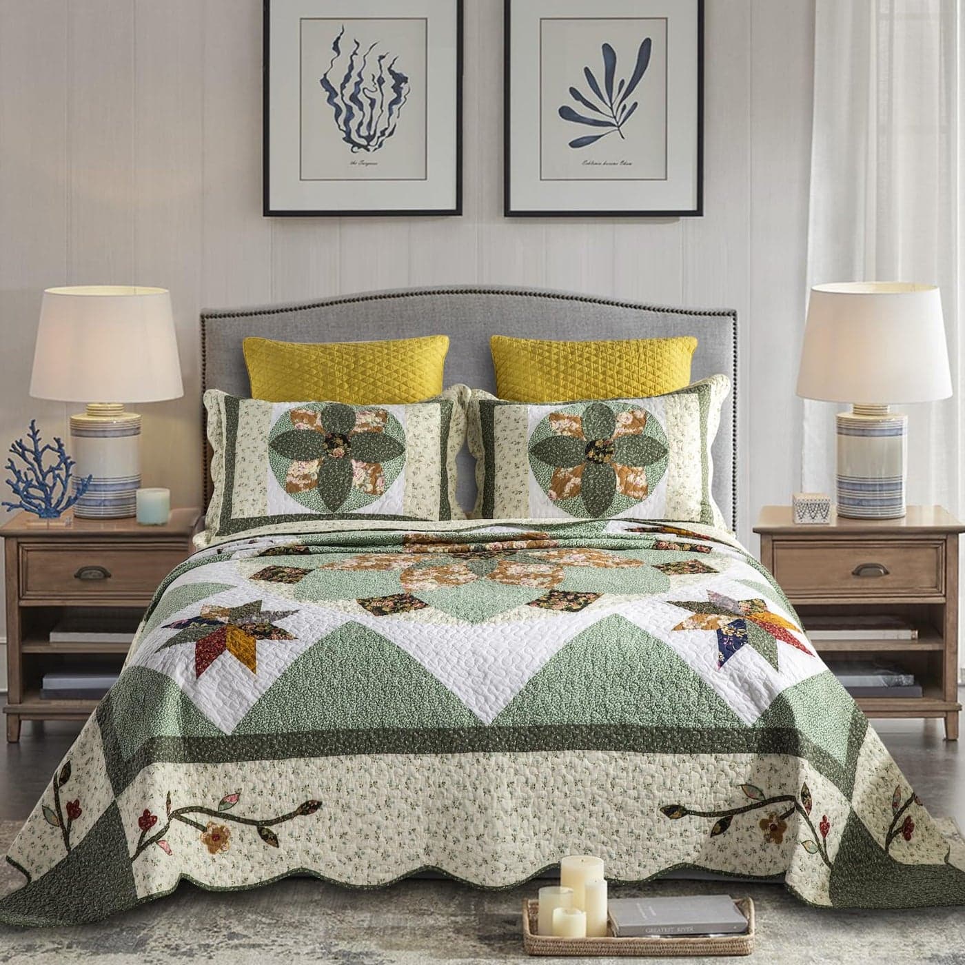 YAYIDAY Quilt King Size Patchwork Bedspread Set 100 Cotton Reversible Breathable Green Earth Geometric Quilted Quilt with Pillow Shams for All Seasons
