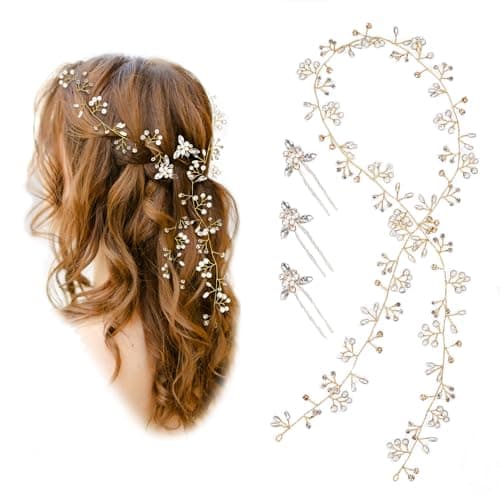 Nljihkure Wedding Hair Bridal Hair Accessories Pieces for Brides Hair Vine Crystal Extra Long Pearl and Beads Bridal Hair Vine Headband Head Pieces for Women and Girls