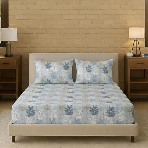 Trance Home Linen 100% Cotton 84"X78" Elastic Fitted Bedsheet Super King Bed Size | Printed Fitted Sheet | Elasticated Fitted Bedspread With 2 Pillow Covers (84X78 Inch, Ferns Blue), 180 tc