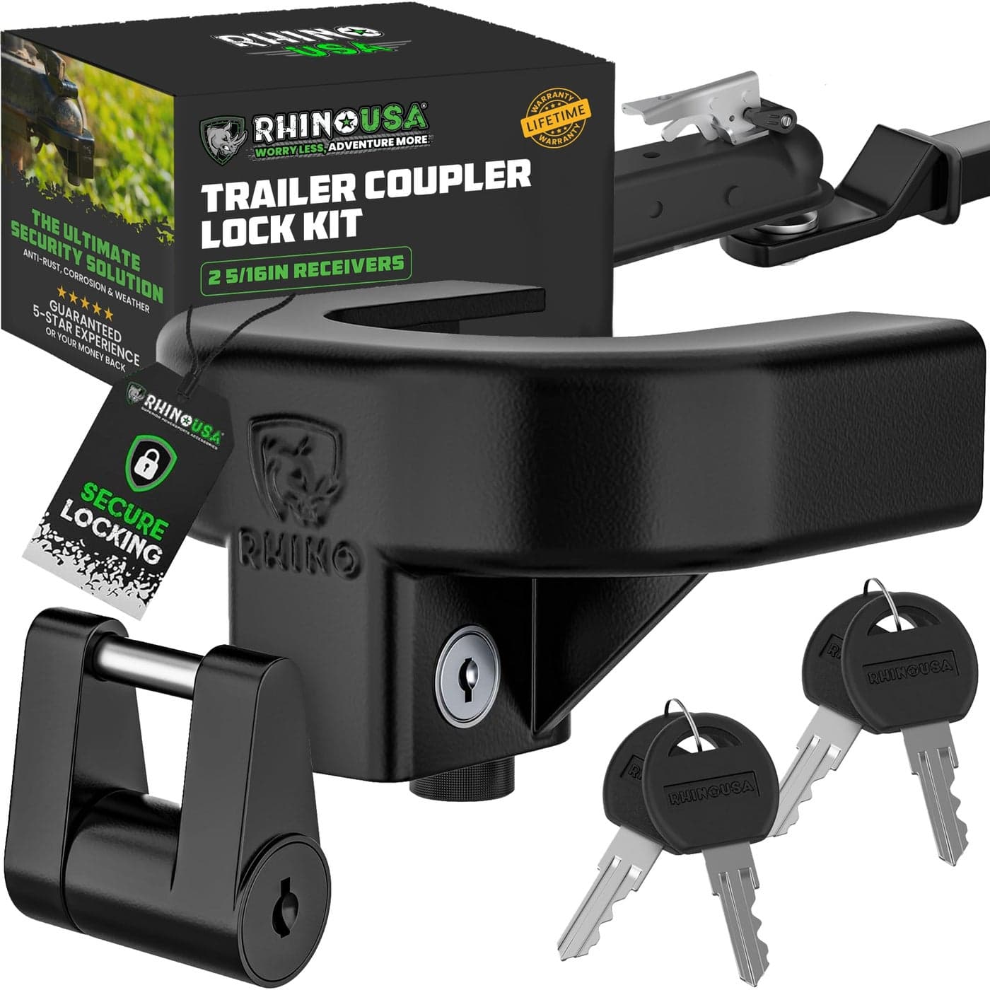 Rhino USA Trailer Hitch Lock Kit for 2516 Trailers Heavy Duty Anti Theft Trailer Coupler Locks for RV Camper Trailer Boat Caravan Reinforced Solid Steel Tow Lock for Trailer Tongue