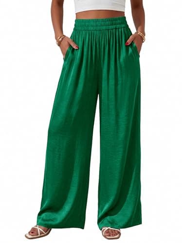 BTFBM Wide Leg Pants Woman Summer 2026 Pockets Dressy Flowy Lightweight Glitter Satin Palazzo Beach Vacation Clothes(Green, Medium)