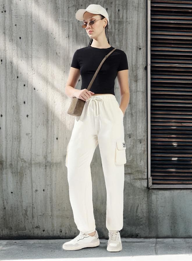 Women's Off White 100% Cotton Solid Pattern Full Length Casual Jogger Track Pant
