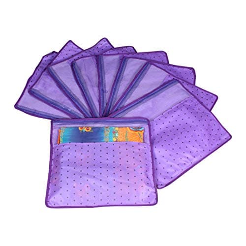 PrettyKrafts Non Woven Saree Covers With ZIP, Pack of 9, Size(17 × 15 Inches) Single Sari Storage Bags/Cover/Pouches for Packing New Sadi/Wardrobe Organizer For Sarees/Cloths With Top Window, Purple
