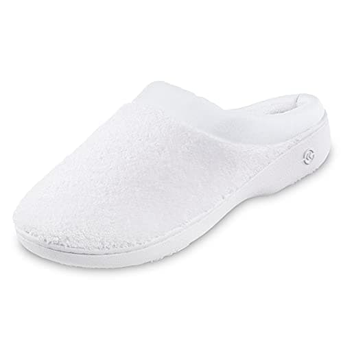 isotoner Women's Indoor/Outdoor Slip-on Terry and Satin Clog Slippers with Memory Foam Comfort , White, 9.5-10