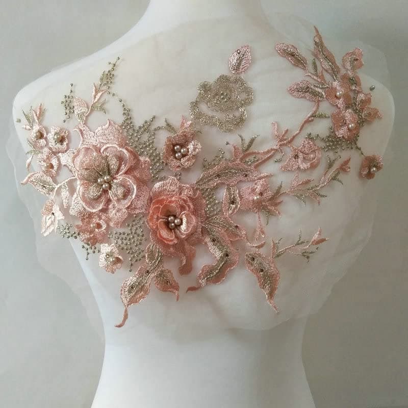 3D Embroidered Patches Nail Bead Tulle Applique Flower Patch for Clothing Wedding Dress Lace C Fabric DIY Decoration Citrus Powder