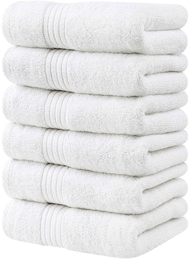 6 Piece Premium Hand Towels Set, (16 x 28 inches) 100% Ring Spun Cotton, Lightweight and Highly Absorbent Towels for Bathroom, Travel, Camp, Hotel, and Spa (White)