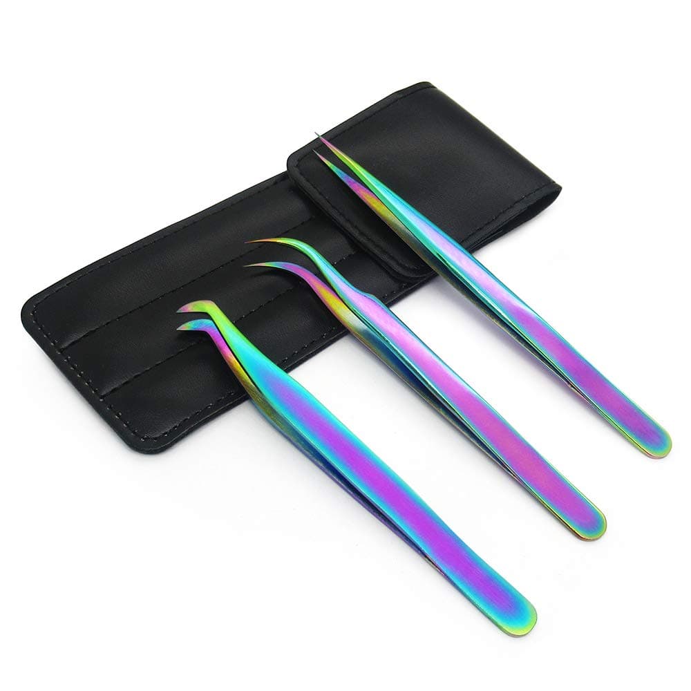 Quewel Eyelash Extension Tweezers Set Eyelash Applicator Tool Curved and Straight pointed Tweezers Lash Extension Supplies Stainless Steel Precision Tweezers Silver 3 pcs Rainbow