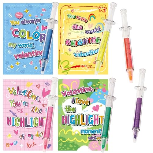 Aviski 32Pcs Kids Valentines Day Gifts for Classroom Valentine Cards with Syringe Shape Highlighter Novelty Toys for Boys Girls Exchange Gifts Party Favor Prizes Valentines Greeting Gifts