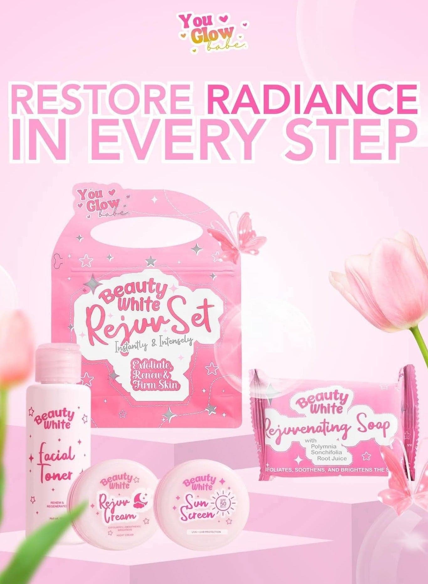 Beauty White Rejuv Set Skin Care Kit with Toner Soap Sun Cream Rejuvenating Cream Whitening Brightening Anti Acne Dark Spot Remover Anti Aging Face Care
