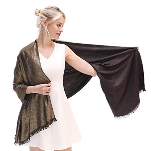 LMVERNA Glitter Shimmer Fringed Pashmina Long Reversible Shawls and Wraps for Evening Dresses(Black-Gold)