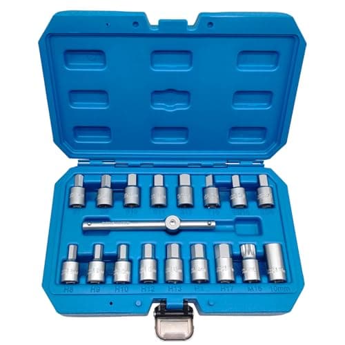 JEUCLEL 18PCS 38 Drive Oil Drain Sump Plug Key Set Drain Plug Socket Set Gearbox Hex Square Triangle Torx Spline Socket Set with Sliding Bar for Oil Sump Differential Gearboxe Engine Oil Sump