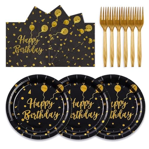 75PCS Happy Birthday Paper Plates - 7 Inch Black Gold Dot Paper Plates and 6.5 Inch Napkins with 6.3 Inch Gold Forks Disposable Tableware Set for Birthday Party Decorations, Serves 25