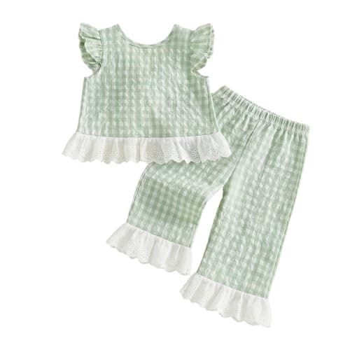 GOOCHEER Toddler Girl Clothes Baby Summer Outfits Plaid Ruffle Sleeveless Vest Tank Tops Pants Set 12 18 24 Month 2T 3T 4T (#Lace-Green, 12-18 Months)