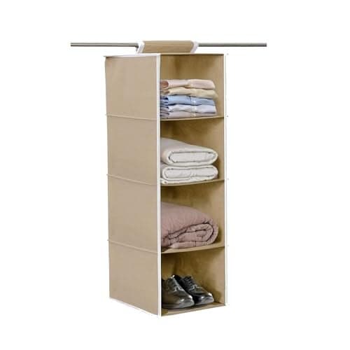 PrettyKrafts Clothes Hanging 3 Shelf Organizer, Wall Hanging Organiser, Compartment Clothes Storage Wardrobe Organizer, Non Woven Fabric + Engineered Wood Inside, Foldable Closet Organizer, Beige