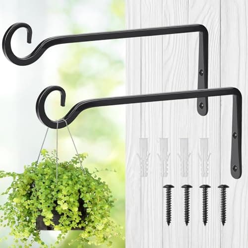 MOWPOG Metal Hanging Plant Hooks, 2 Pack 10 Inch Wall Hooks for Hanging Plants, Bird Feeder, Flower Basket, Wind Chimes, Indoor Outdoor (Black)