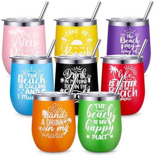 Sliner 8 Pcs Beach Girls Trip Wine Tumbler with Lids Summer Beach Travel Gifts 12oz Stainless Steel Wine Cups for Girls Women Weekend Trip Vacation Cruise Seaside Gifts