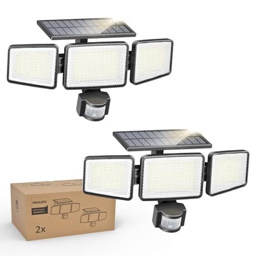 Philips Solar Security Light Outdoor 302 LED 1200lmSolarPowered Waterproof WallMounted Flood Light wPIR Motion Sensor 3 Heads IP65 Waterproof 3 Modes 2 Packs