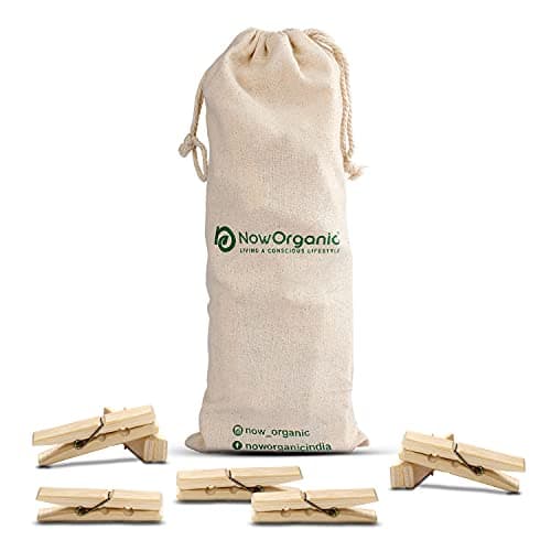 Now Organic Premium Bamboo/Wooden Cloth Clips/pegs Suitable for Light Garments and Photo Hanging.Free Reusable Muslin potli Single Pack of (1) (50) Small Size