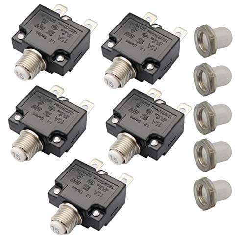 T Tocas 5pcs Push Button Reset 15A Circuit Breakers with Quick Connect Terminals and Waterproof Button Cap