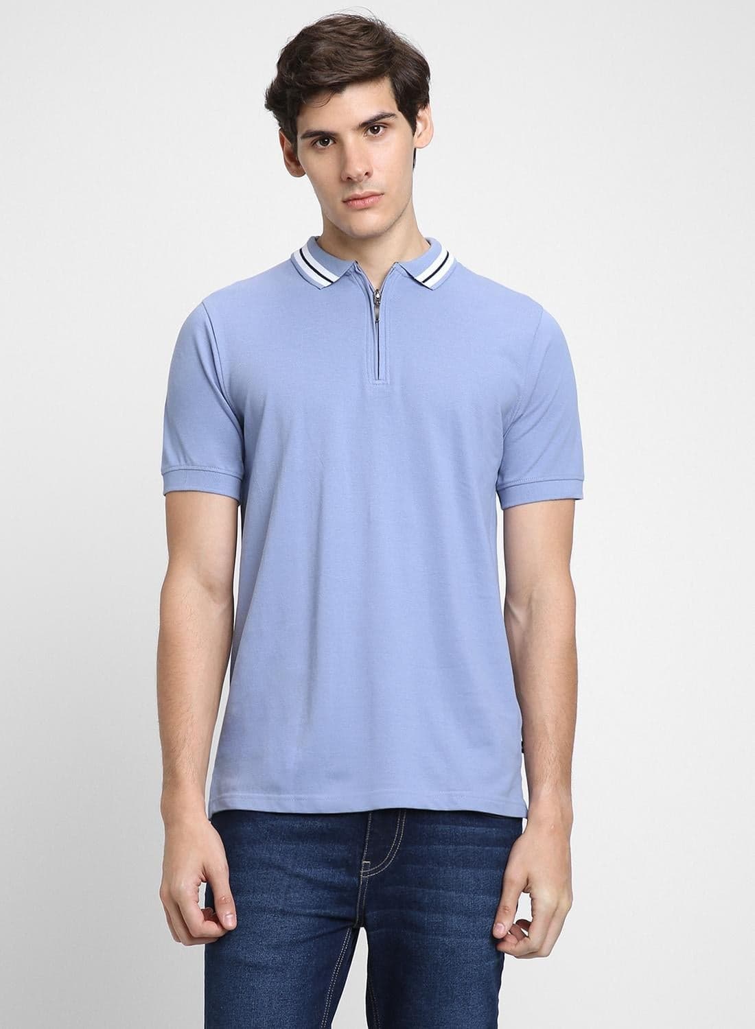 Men's Light Blue 100% Cotton Solid Pattern Regular Fit T-Shirt