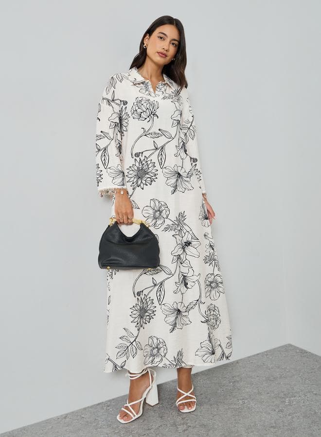 Floral Print Jalabiya with Round Drop Sleeve Trim