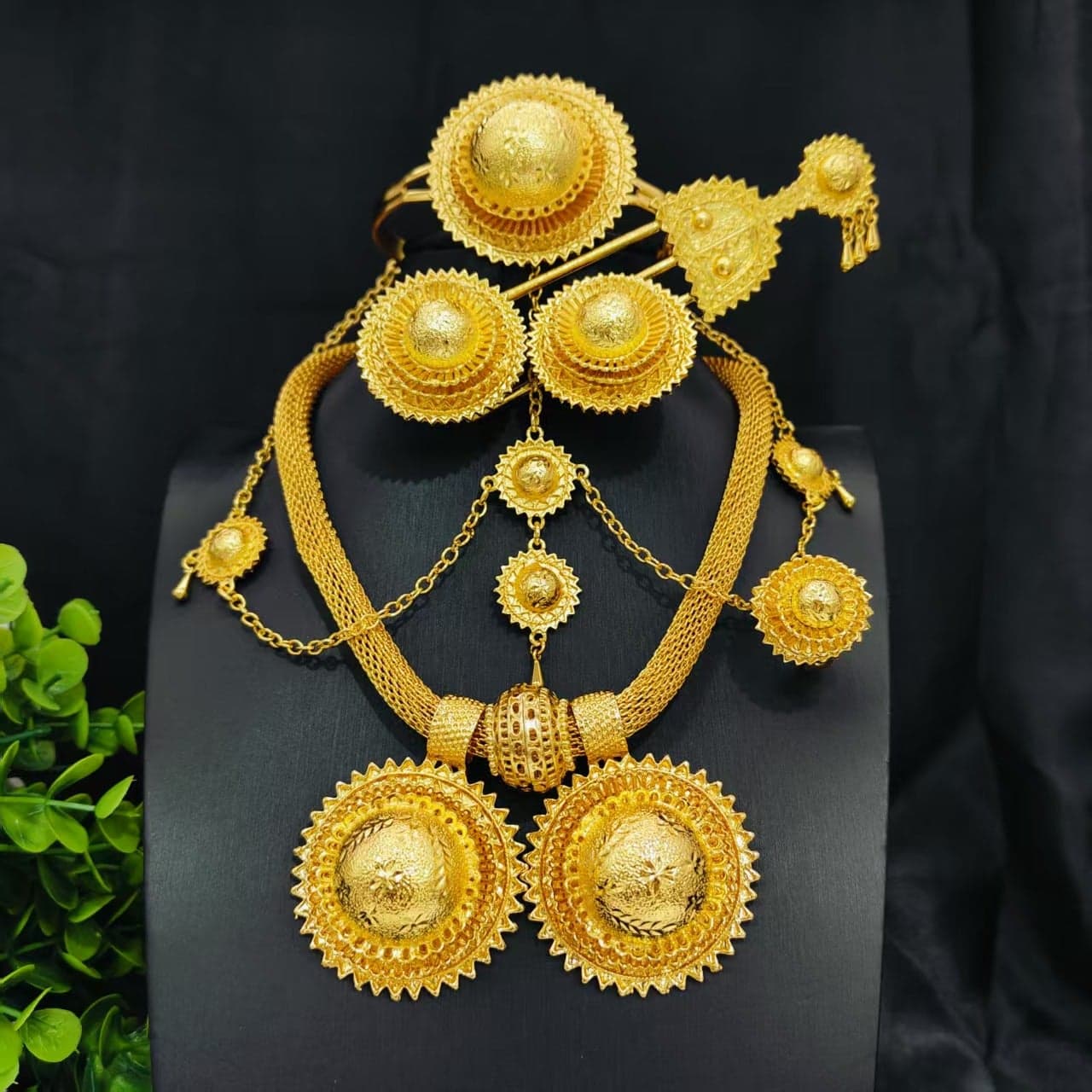 6Pcs Ethiopian Gold Plated Women'S Jewelry Set Earrings Hairpin Necklace Bracelet Ring Wedding Gift
