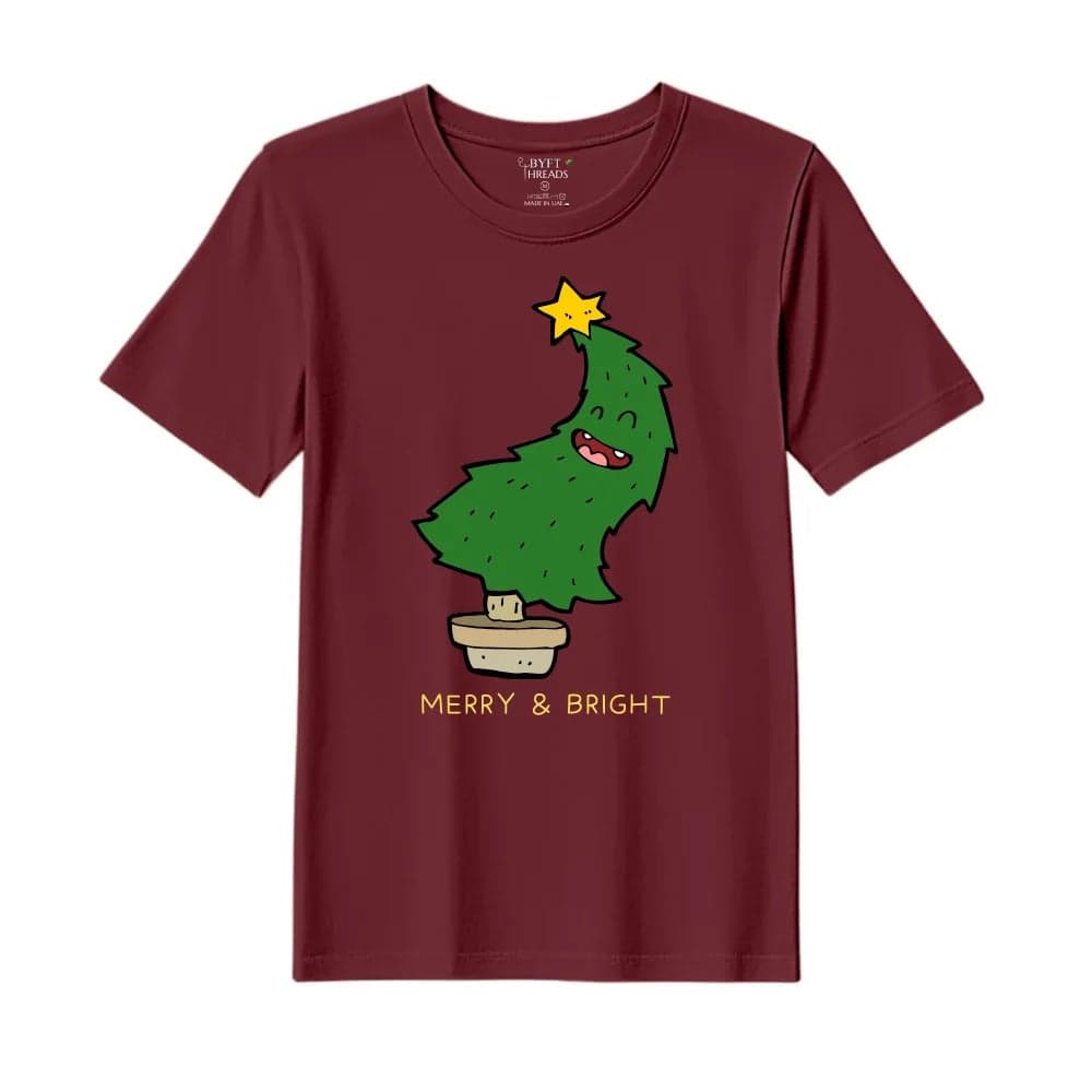 BYFT Threads XL Pomegranate Polycotton T-Shirt - Christmas "Merry & Bright" Printed Design, Premium Holiday Collection