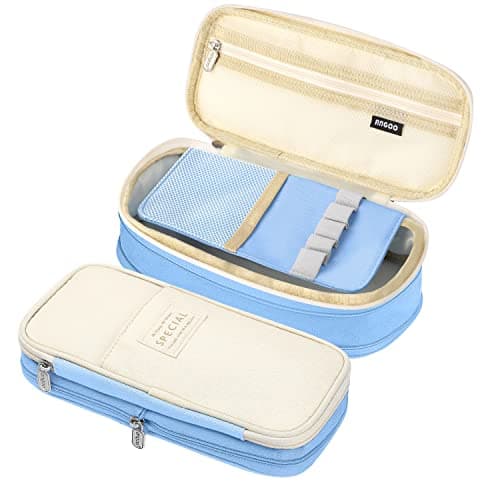 LHMTQVK Large Pencil Case Pencil Pouch Can Expand Pencil Bag Big Capacity Pencil Bag Large Storage Pouch Pencil Case Aesthetic Pencil Cases for Adults Cute Pencil Pouch (Light Blue Beige)