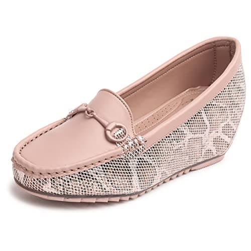 XE Looks Women's Pink Wedge Loafers | Soft Cushioned Footbed | Stylish & Trendy Slip-On Shoes with Textured Sole | Lightweight & Durable Heel Loafers for Girls | Ideal for Office Casual & Formal Wear