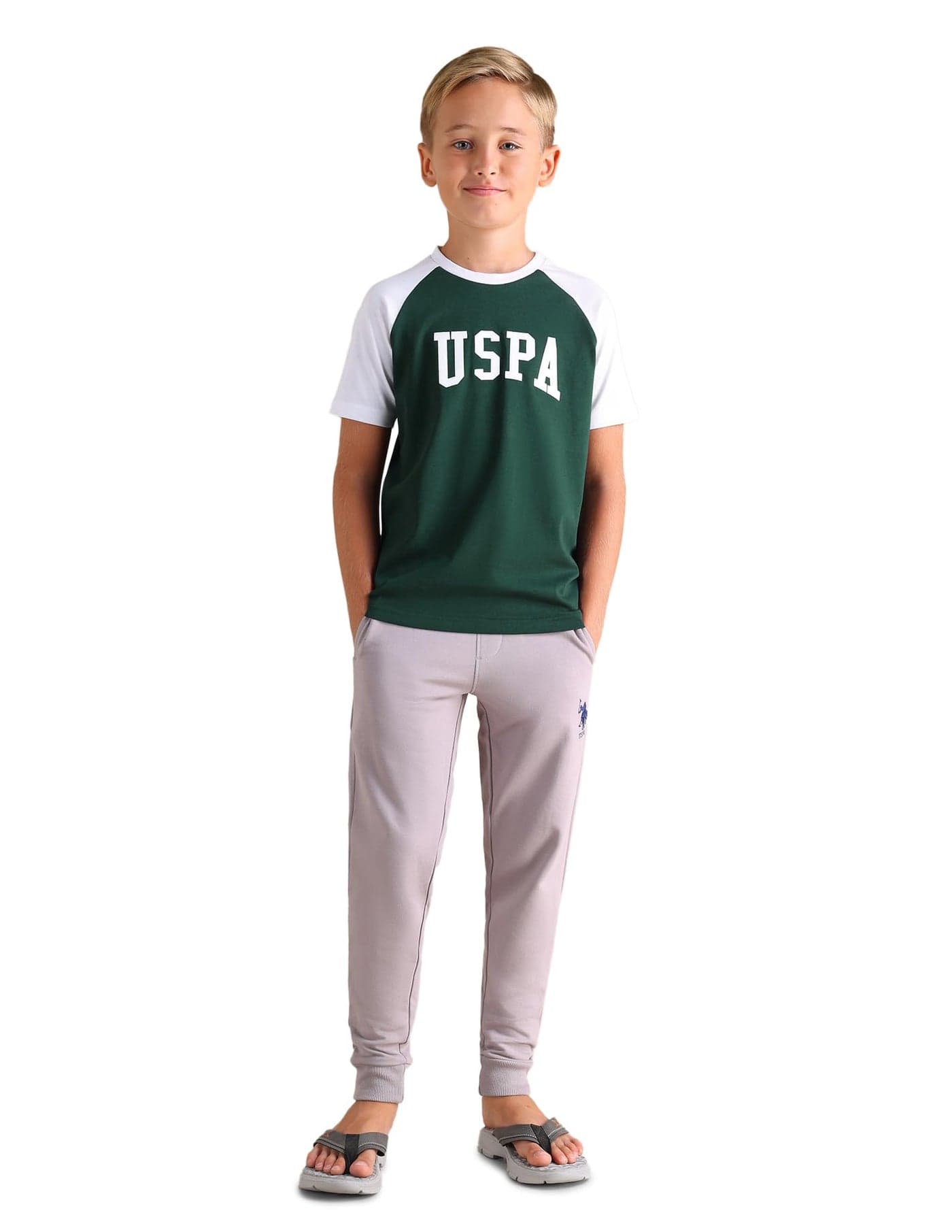 U.S. POLO ASSN. Boy's Cotton Letter Print Regular Fit T-Shirt (LKE01-PL_White-Green, 6-8 Years