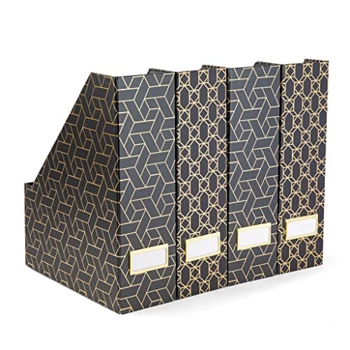 BLU MONACO Set of 4 Stylish Black & Gold Geometric Magazine File Holders with Gold Label Holders – Desk or Bookshelf Storage for Home, Office, Classroom Organization and Décor