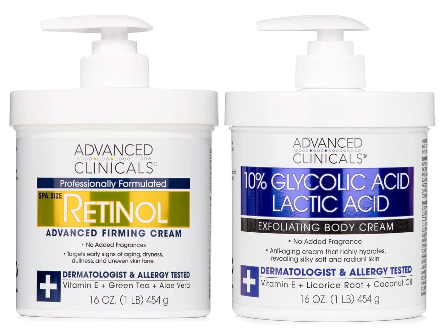 Advanced Clinicals Retinol Body Lotion 10 Glycolic Acid Lactic Acid Exfoliating Body Cream Moisturizer Crepey Skin Care Treatment AHA KP Bump Eraser Keratosis Pilaris Fragrance Free 2PC