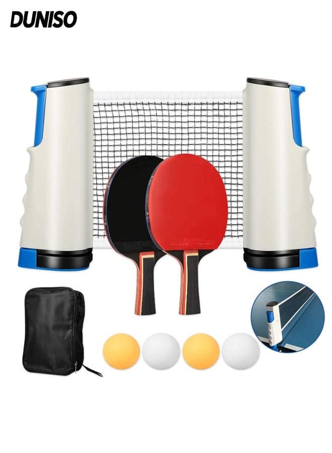 Table Tennis Paddle Set, Portable Table Tennis Set with Retractable Ping Pong Net, 2 Professional Table Tennis Rackets, 4 Balls, Storage Case, Ideal Indoor and Outdoor Table Tennis Rackets Set Family Fun, Gift