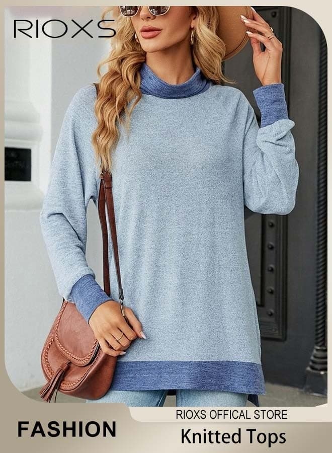 Women's Turtleneck Long Sleeve Tunic Tops, Loose Fit Soft Color Block Tops Pullovers, High Neck Casual T-shirts with Contrast Collar Cuff and Split Hem, Soft Spring Fall Trendy Comfortable Pullover Tunic Sweatshirt for Date/ Office/ Daily/ Travel/ Home/ School/ Vacation