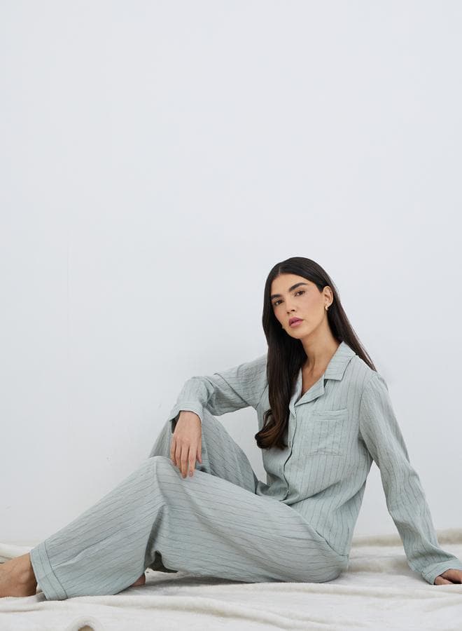 Textured Buttoned Striped Shirt and Pyjama Set