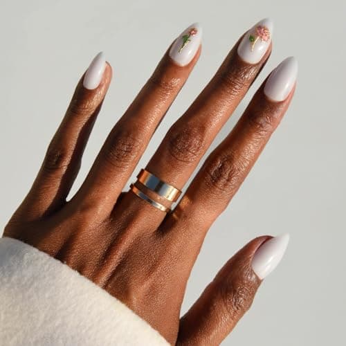 Glamnetic Press On Nails Floral Glow Spring Nails Short Almond Fake Nails in Milky White Base with 3D Rose Designs in a Glossy Finish Salon Quality 15 Sizes 30 Nail Kit with Glue