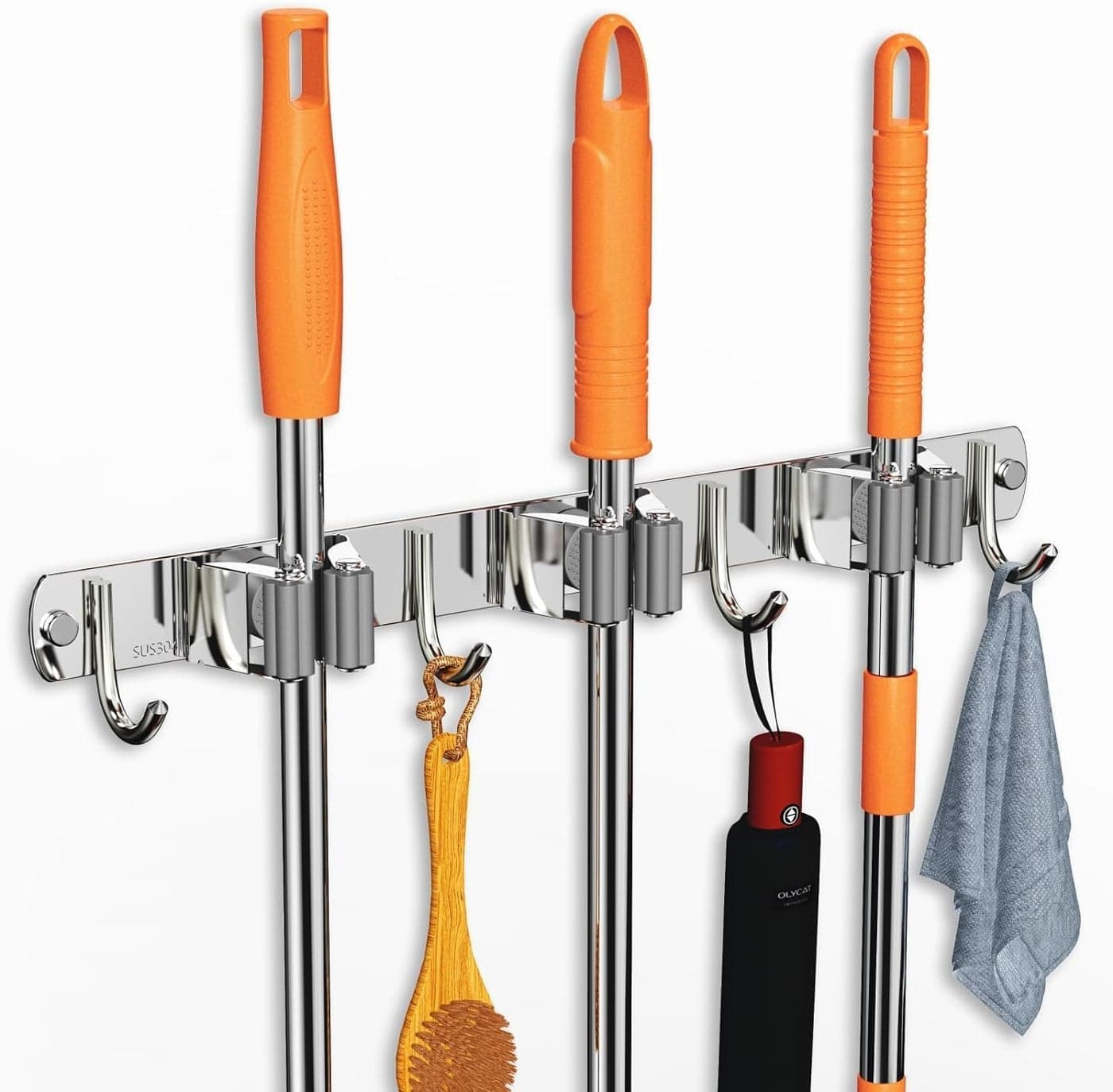 JIALTO Broom Holder | 3 Mop Stand With 4 Hook Broom Stick Holder Wall Mounted | Heavy Duty Broom Holder Wall Mounted Or Tool Organizer For Home Garden Garage And Storage (Silver)
