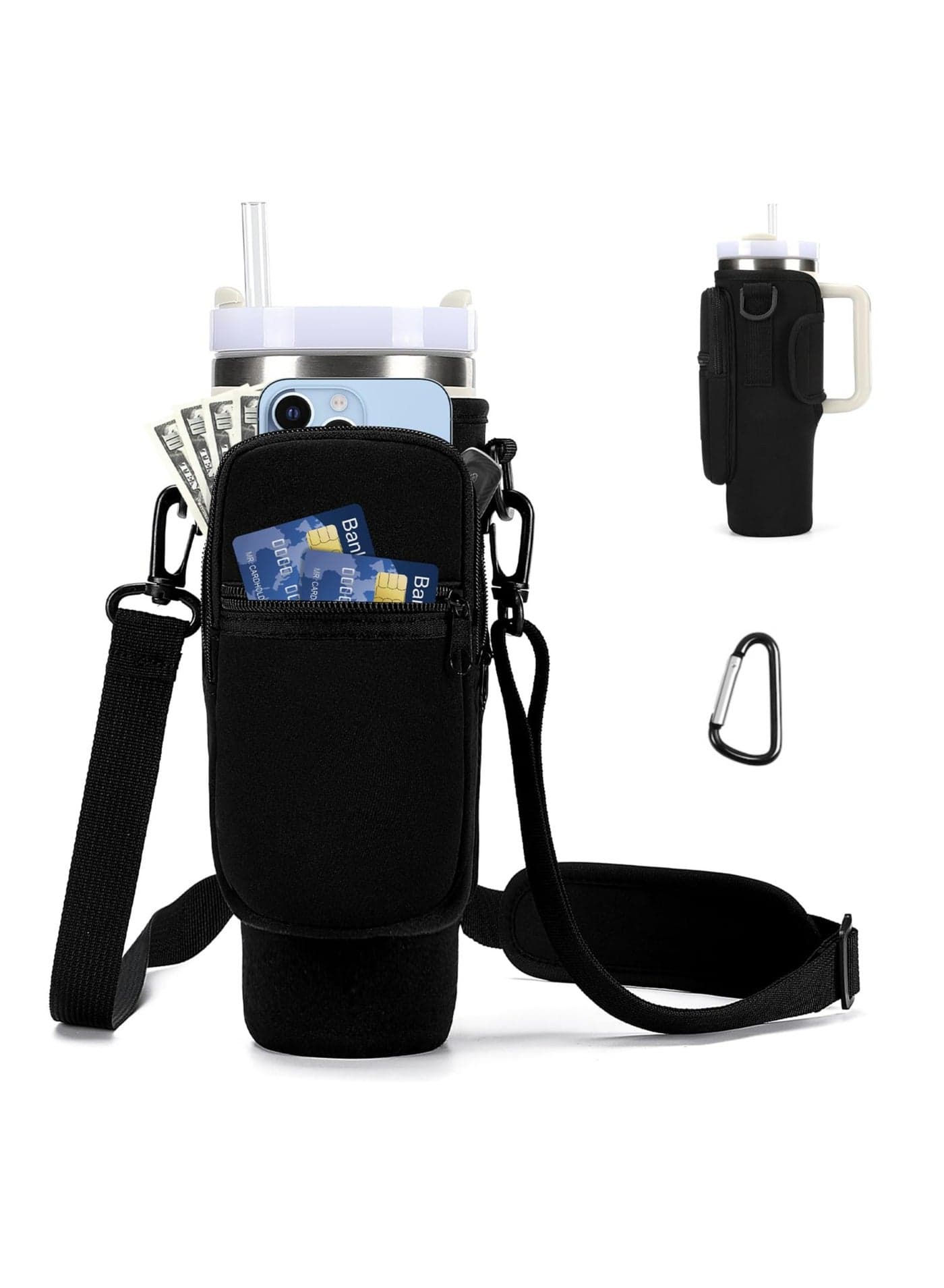 Water Bottle Carrier Bag for Stanley 40oz Tumbler with Phone Pocket Water Bottle Holder Pouch with Adjustable Shoulder Strap and Carabiner Stanley Cup Accessories for Hiking Travelling Camping