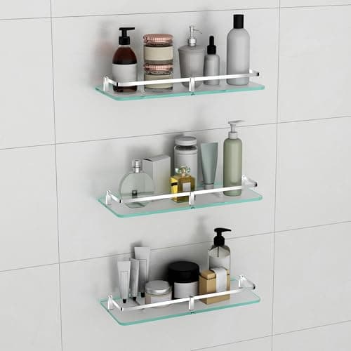 Plantex Frosted Glass Shelf for Bathroom/Shelf with Brass Railings and Brackets/Shelf for Living Room/Bedroom/Kitchen - Pack of 3 (15 x 6 inch, Chrome)